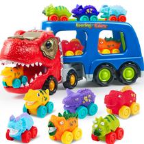 Brinquedo de caminhão de dinossauro JOYIN Porta-carros de dinossauro com 6 bonecos Brinquedo de caminhão de dinossauro JOYIN Porta-carros de dinossauro com 6 bonecos