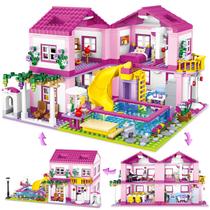 Brinquedo de construção HSANHE Pink Girls Summer Villa Friends 1018 unidades