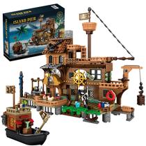 Brinquedo de construção RiceBlock Pirate Ship com Pirate Wharf 573 unidades