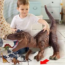 Brinquedo de dinossauro grande para crianças de 3 a 5 anos e crianças pequenas, tiranossauro rex sem rodas jumbo com spray de névoa, sons leves e rugidos, um grande T-Rex oco armazenado com 4 dinossauros pintados à mão e 6 mini dinossauros
