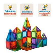 Brinquedo de Montar Blocos Magnéticos Fansikids 42 Peças Educativo, Compacto, Viagem, Estojo de Lata