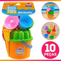 Brinquedo de Praia Balde Baldinho Beach Play c/ Forminhas e Rastelo 10 Peças Praia Piscina Água