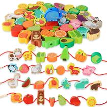 Brinquedo de rosqueamento BMTOYS Montessori Wooden Stringing Farm Animals Frutas
