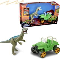 Brinquedo dinossauro velociraptor + jipe mini trex safari