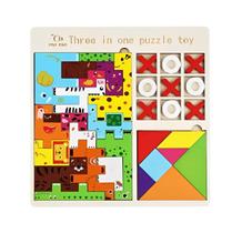 Brinquedo Educativo 3 em 1 em Madeira Tangram Jogo da Velha e Quebra Cabeça Animais de Blocos