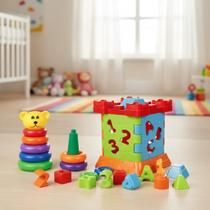 Brinquedo Educativo Castelo Didático Peças De Encaixar Bebe 12 Meses e Ursinho Argolas Pedagógico Menino Menina Criança 1 Ano