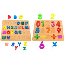 Brinquedo Educativo de Encaixar Peças Letras e Números em Madeira