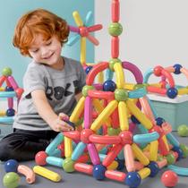 Brinquedo Educativo Infantil Bloco de Montar Magnético 120 Peças Coloridas C/ Bolsa de Armazenamento