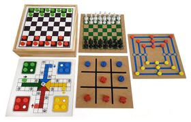 Brinquedo Educativo Jogo 5 em 1 Dama Trilha Ludo Velha Xedrez caixa madeira