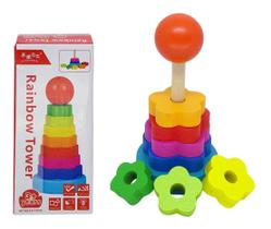 Brinquedo Educativo Madeira Torre Arco-íris Formas 8 Peças