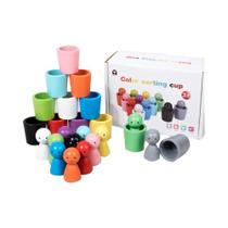 Brinquedo Educativo Montessori - Bolas de Classificação de Cores em Copos de Madeira