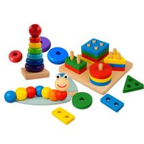 Brinquedo Educativo Montessori de Madeira Didático Sensorial Formas e Cores Empilháveis para Bebê