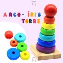 Brinquedo Educativo Torre Pirâmide Encaixe Colorido Montessori Madeira - Webstok