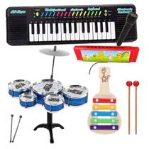 Brinquedo Infantil Bateria Musical Kit 4 Itens Xilofone Teclado Instrumentos