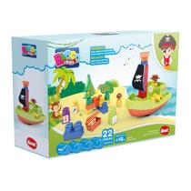 Brinquedo Infantil Blocos De Montar 22 Peças Ilha Do Pirata Com Cartela De Adesivos Barquinho Educativo Para Crianças Criatividade Imaginação