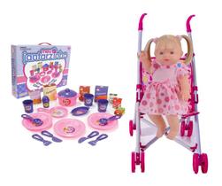 Brinquedo Infantil Boneca Rosa Fala + Carrinho+ Kit Jantar
