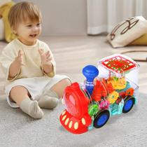 Brinquedo Infantil Educativo Trenzinho Pisca E Gira Musical Locomotiva Brilha Som Plastico Transparente Reforçado Menino