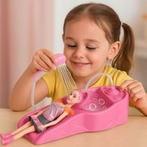 Brinquedo Infantil Kit Lavatório Boneca Salão Cabelereiro Rosa Lavagem Cabelo Água de Verdade Menina
