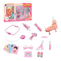 Brinquedo Infantil Kit Médica Rosa com Mini Paciente Bebê Maca Estetoscópio Acessórios Faz de Conta - Fenix DRB-837R