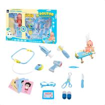 Brinquedo Infantil Kit Médico Azul com Mini Paciente Maca Estetoscópio Acessórios Faz de Conta - Fenix DRB-836A