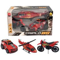 Brinquedo Kit Carro de Polícia Moto e Helicóptero Vermelho