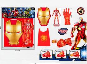 Brinquedo kit de máscara, capa, luva lançador de disco e boneco do homem de ferro