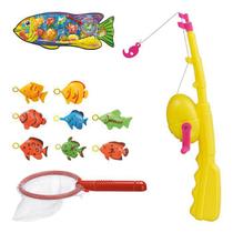 Brinquedo Kit Pega Peixe Com Vara Rede E 8 Peixes