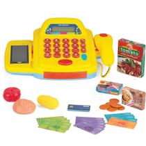 Brinquedo Mini Caixa Registradora Amarela Infantil Faz De Conta 31 Peças Market Com Luzes E Sons Acessórios Cartões Scanner