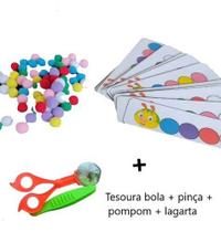 Brinquedo Montessori Tesoura Bola Pompom Pinça