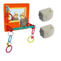 Brinquedo Multiplay Diversão c/ Poleiro Espelho Bird Toy + 2 Bloco Mineral Plus - Passaros Diversos