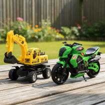 Brinquedo para Meninos Trator Escavadeira + Moto Grande Realista