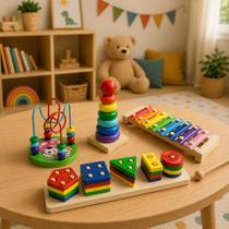 Brinquedo Pedagógico Kit com 4 Brinquedos Educativos Torre Formas Geométricas Encaixe