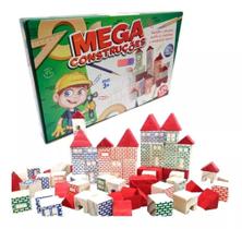 Brinquedo Pedagógico Mega Construções 120 Peças Blocos De Montar em Madeira Pais e filhos 3 anos+