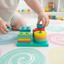 Brinquedo Pedagógico Montessori Encaixe Divertido Formas Mdf Tetris Encaixes Colunas Cores e Formas