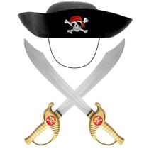 Brinquedo Pirata Infantil Fantasia de Pirata Chapéu e Duas Espadas Dourada Caribe