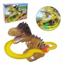 Brinquedo pista de dinossauro com escorregador para dinossauros com luz e som