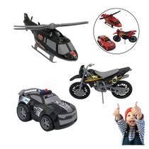 Brinquedo Polícia Kit com Carro, Moto E Helicóptero Triplo Bs Preto