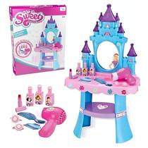Brinquedo Salão de Beleza Infantil Penteadeira Castelo Princesa Secador a Pilha Espelho Pentes Esmaltes Batom p/ Crianças Meninas
