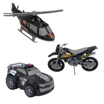 Brinquedos Carro De Polícia Moto Helicóptero Preto 03 Peças - Bs Toys