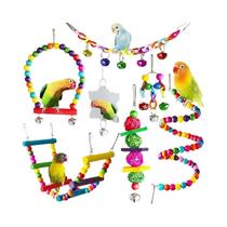 Brinquedos De Madeira Para Papagaio 7 Peças, Balanço, Ponte Suspensa, Bolas, Sinos, Suprimentos Para