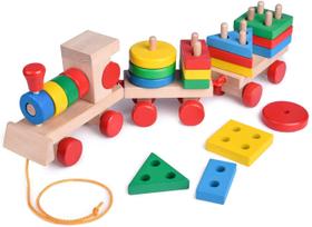 BRINQUEDOS DIVERTIDOS 15,5 Polegadas Brinquedos infantis de trem de madeira, classificador de forma e empilhamento de brinquedos de madeira, brinquedos de quebra-cabeça para meninas de 12 3 anos, brinquedos educacionais pré-escolares - FUN LITTLE TOYS