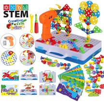 BRINQUEDOS educacionais STEM para crianças, conjunto de brinquedos de quebra-cabeça de perfuração elétrica e kit de arte de botão, blocos de construção de engenharia de construção 3D para meninos meninas 3 4 5 6 7 8 anos de idade