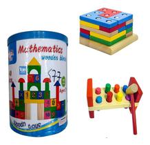 Brinquedos Educativo Madeira Formas Blocos E Martelo Kit C/3
