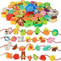 Brinquedos Montessori de Madeira para Bebês - Contas de Rosquear com Desenhos de Frutas e Animais