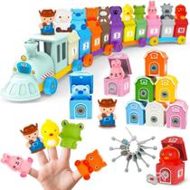Brinquedos Montessori Kimicare para Crianças Pequenas, Trem Sensorial de Animais da Fazenda com 10 Fantoches de Dedos, 1 Fazendeiro, Contagem, Combinação e Classificação de Celeiros com Chaves, Presentes de Aniversário e Enfeites de Meias de Natal Brinquedos Montessori Kimicare para Crianças Pequenas, Trem Sensorial de Animais da Fazenda com 10 Fantoches de Dedos, 1 Fazendeiro, Contagem, Combinação e Classificação de Celeiros com Chaves, Presentes de Aniversário e Enfeites de Meias de Natal