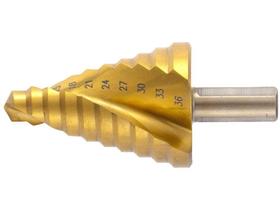 Broca Escalonada de 9 A 36 Mm Em Aço Rápido Revestida de Titânio Com Haste Triangular Para Chapa de Metal Mtx Broca Escalonada de 9 A 36 Mm Em Aço Rápido Revestida de Titânio Com Haste Triangular Para Chapa de Metal Mtx