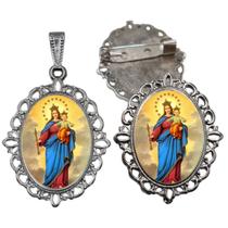 Broche com Relicario Cor Prata Nossa Senhora Auxiliadora Terno Noivo lapela Qualidade Resinado Alto Padrão Casamentos