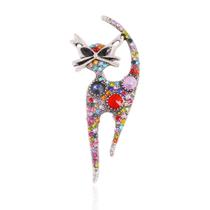 Broche Pin Hebelee Vintage Rhinestone Cat banhado a prata