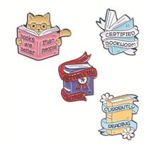 Brooch Pins Set Book Theme with Cute Cat Reading Quote x4 Brooch Pins Set Book Theme with Cute Cat Reading Quote x4