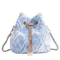Bucket Bag Extolove Denim acolchoado com cordão para mulheres azul